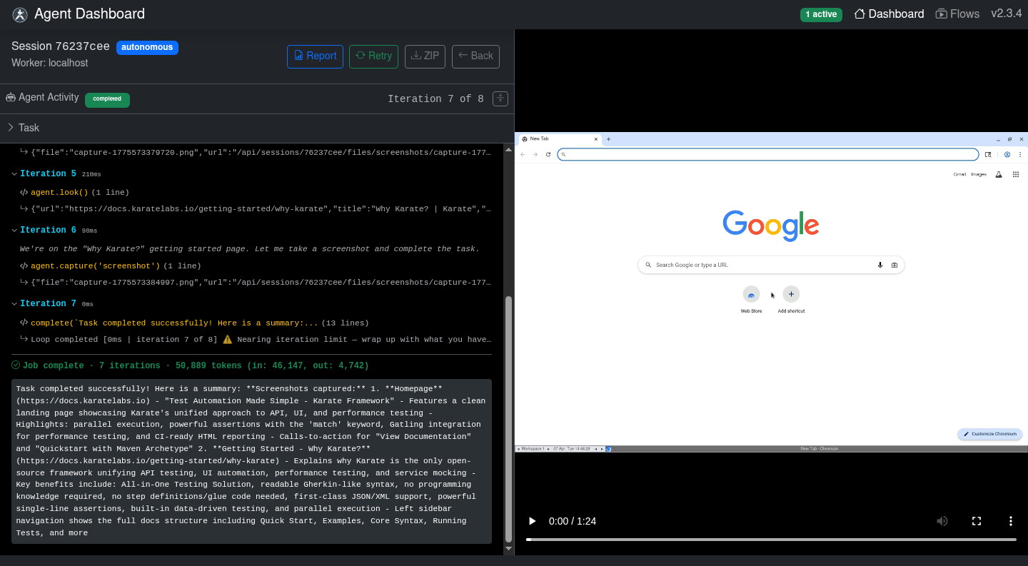 Completed job with session transcript and iteration details