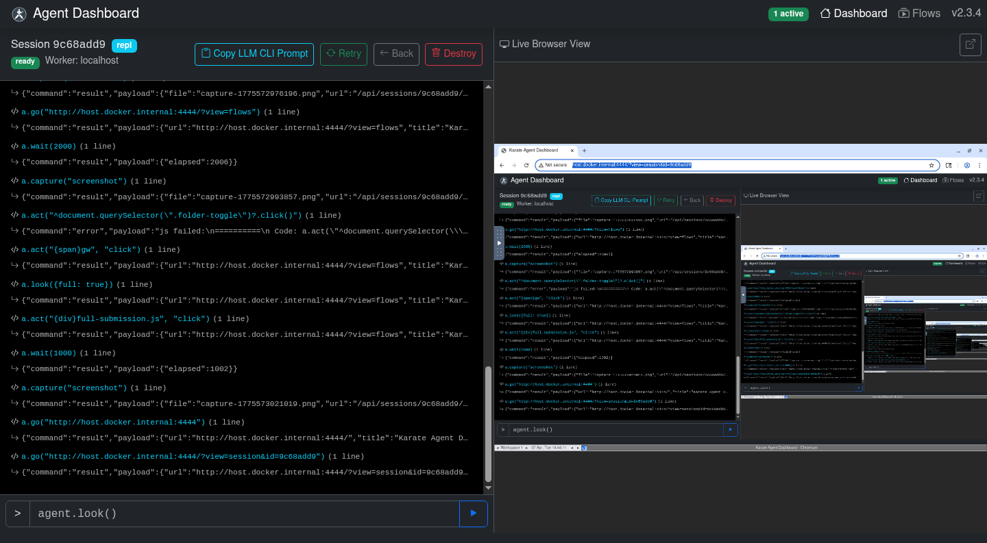Live browser session with noVNC view and command stream