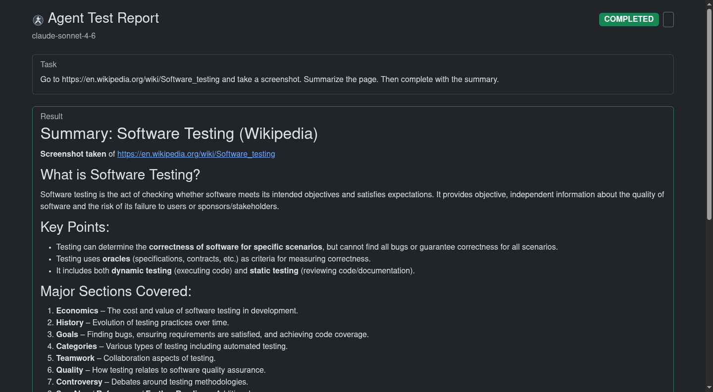 Agent test report with LLM summary, statistics, and screen progression