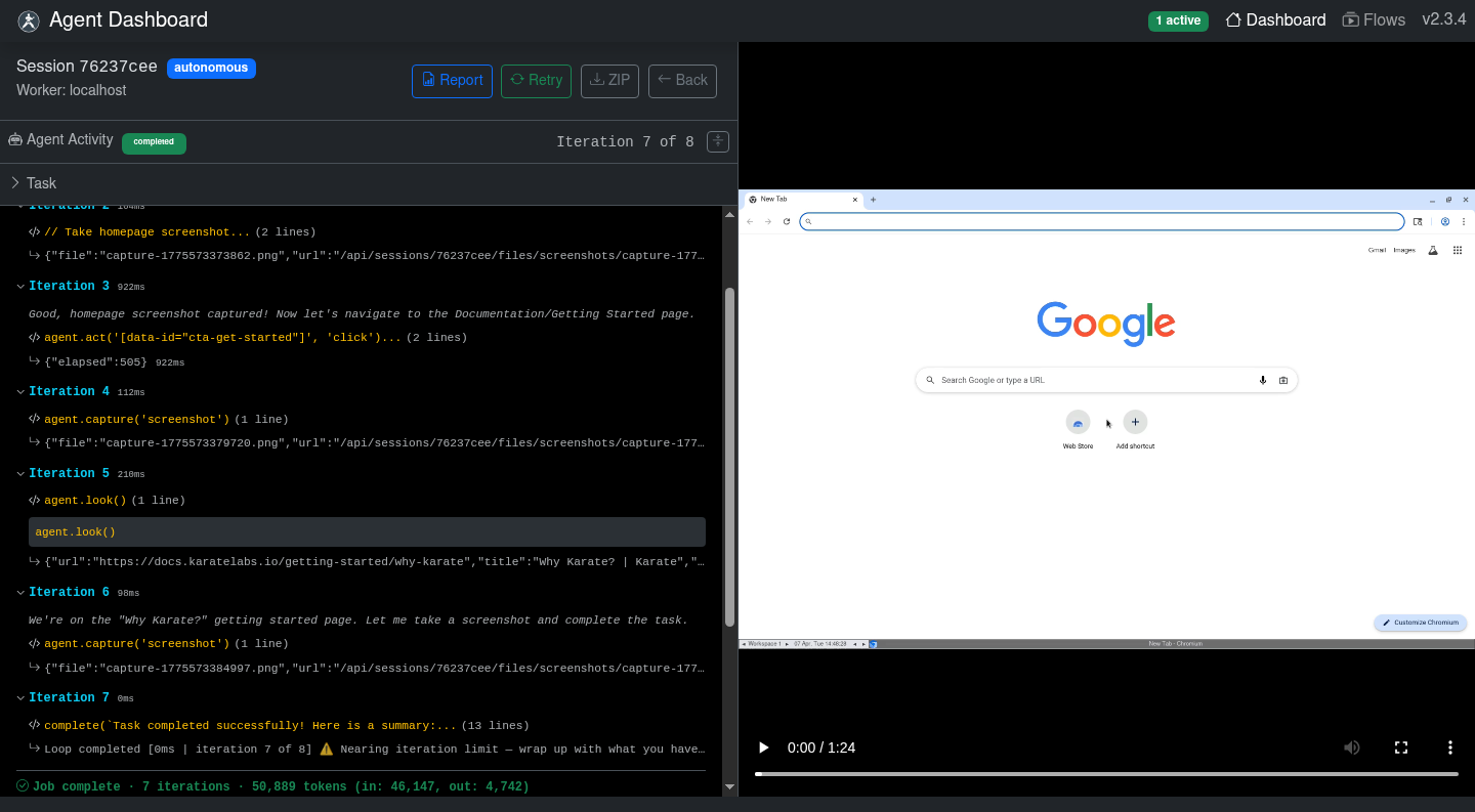 Session transcript showing look() and act() API calls with structured JSON responses