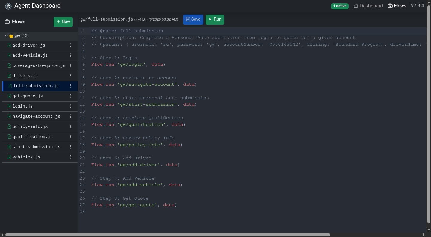 Flow editor showing full-submission.js orchestrator with Flow.run() calls