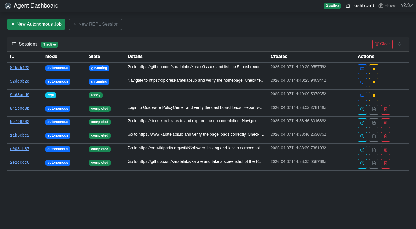 Karate Agent Dashboard showing job list with active and completed sessions